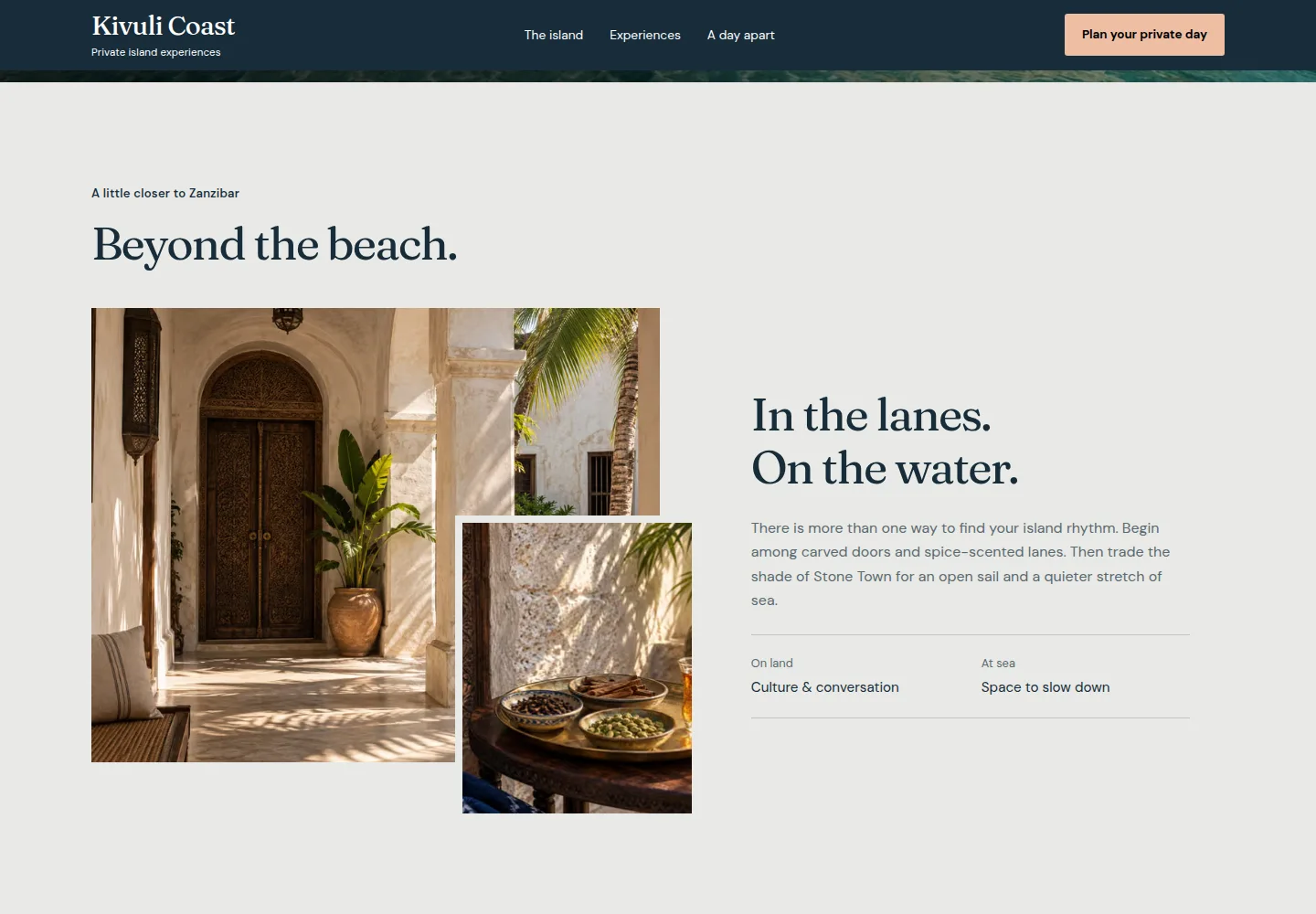 Editorial Zanzibar story with paired Stone Town and spice photographs in Northstar’s fictional Kivuli Coast concept