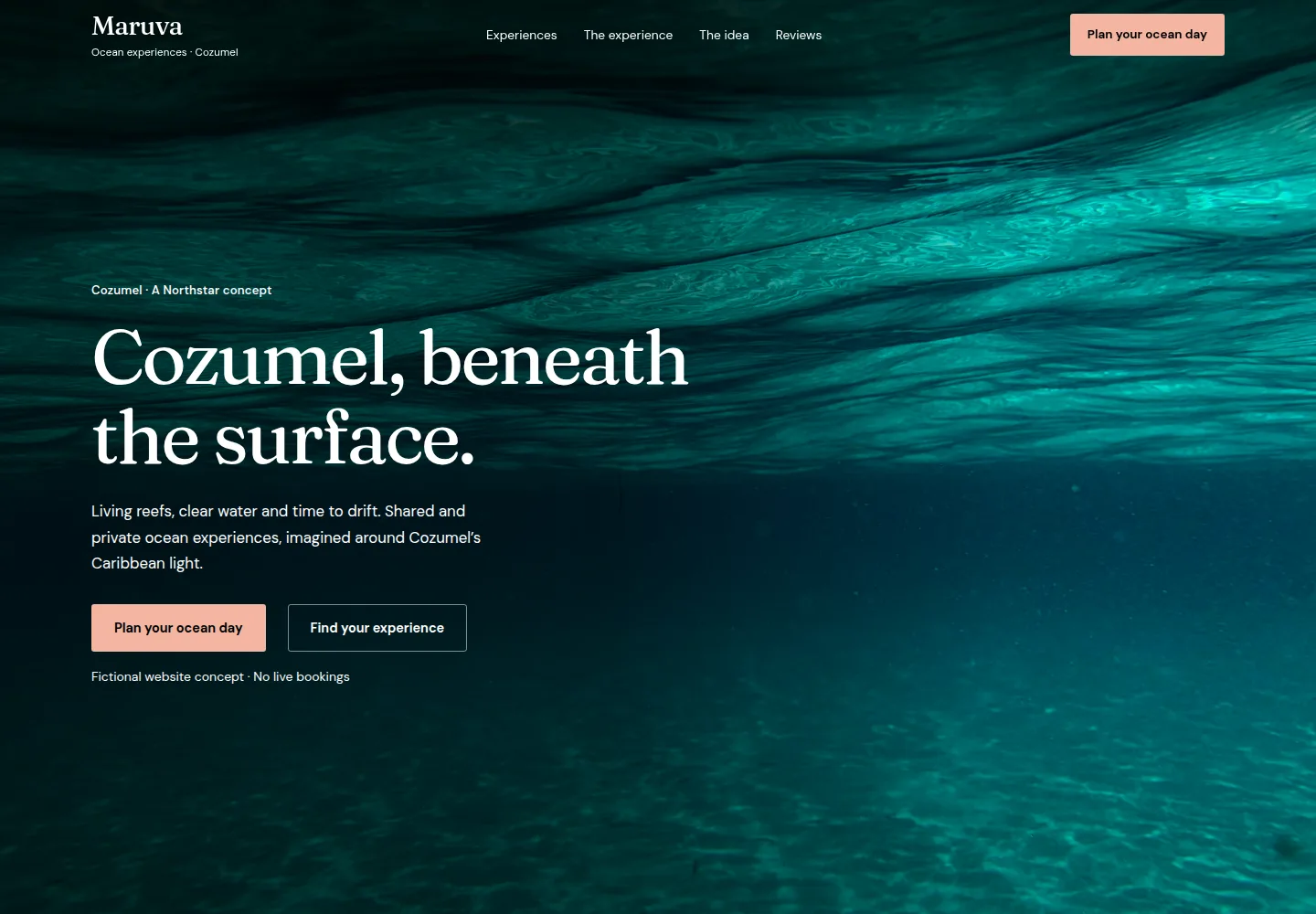 The Maruva Cozumel website opening, with sunlight through clear water and large editorial typography