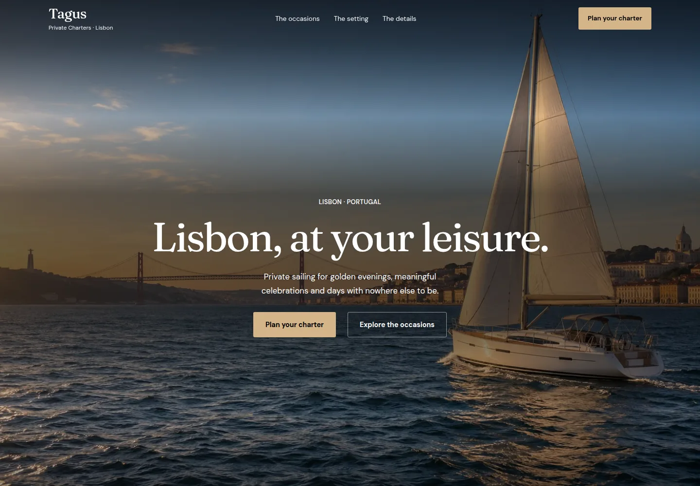 The Tagus Private Charters website opening with a sailboat on warm sunset water in Lisbon