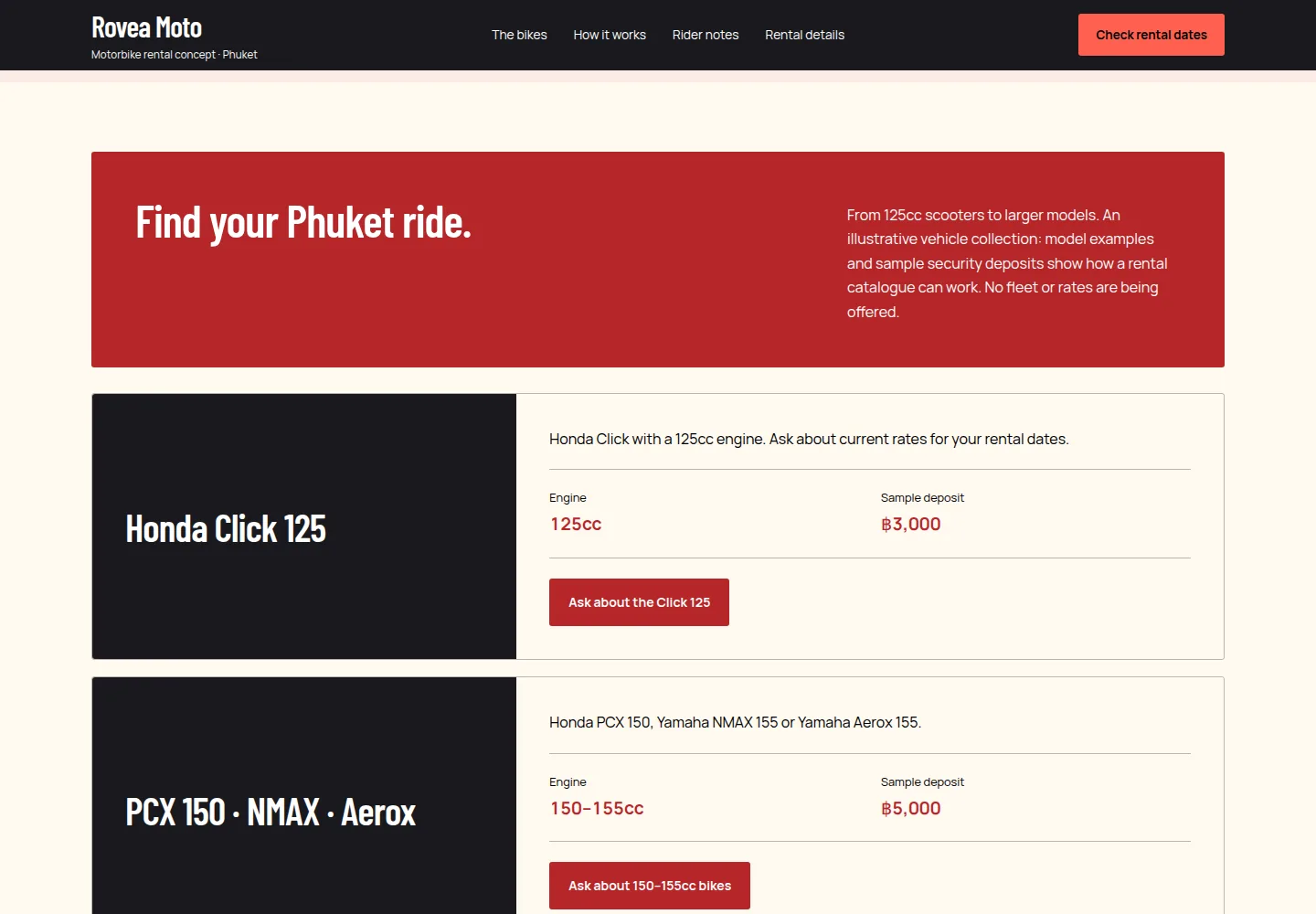 Rovea Moto’s red vehicle catalogue with model names, sample deposits and clear enquiry actions