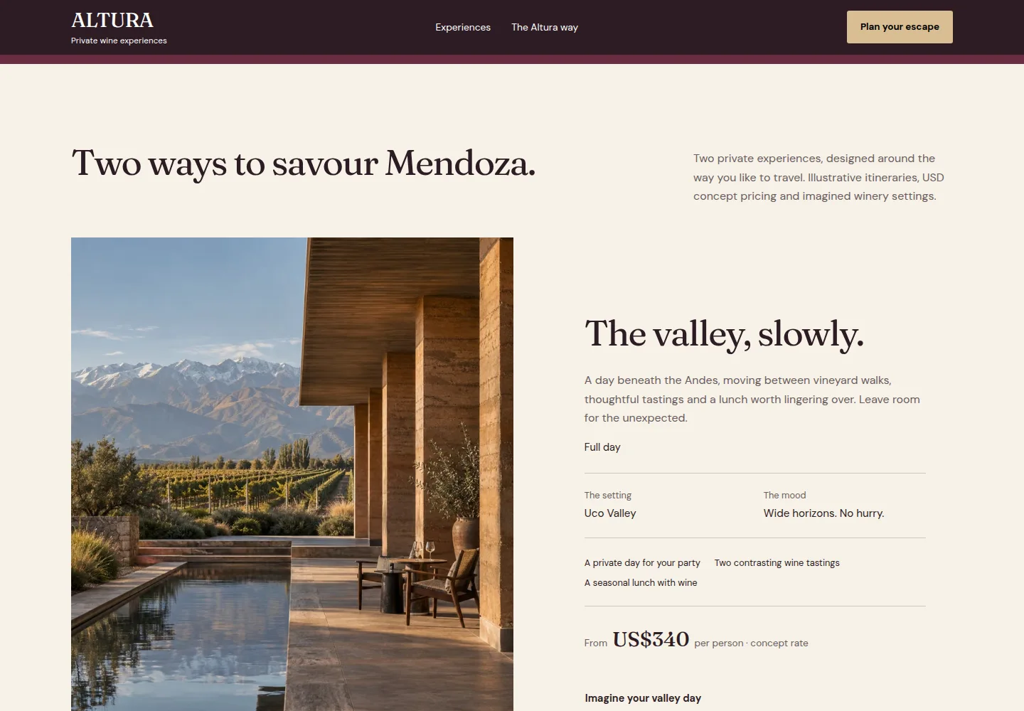 Altura wine experience with a spacious winery photograph, mountain views and editorial serif typography in Northstar’s fictional portfolio concept