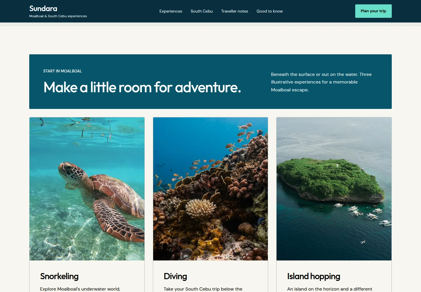 Sundara Cebu’s turquoise experience section with a turtle, reef and island photographs