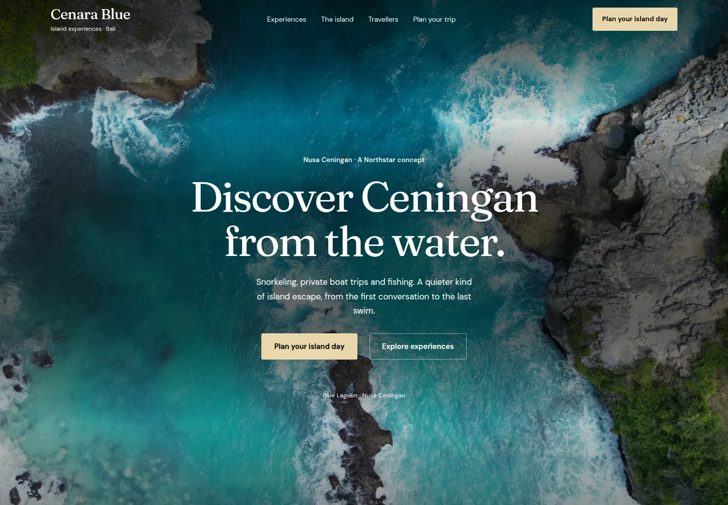 Blue Lagoon’s dramatic turquoise coast behind the real Cenara Blue concept website, with editorial type and island experience navigation