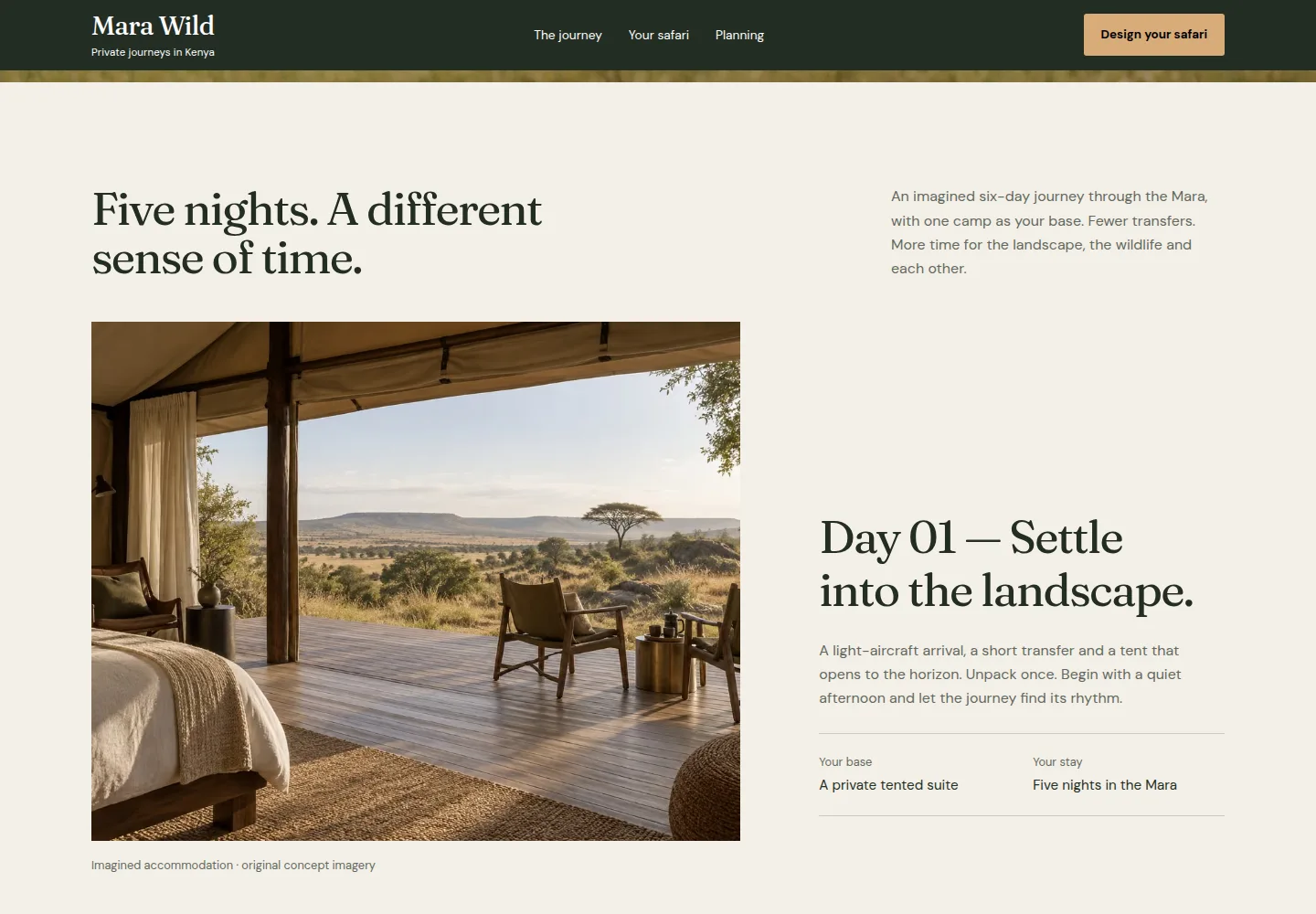 Mara Wild Safaris’ luxury tent suite and editorial journey presentation in the real fictional concept website